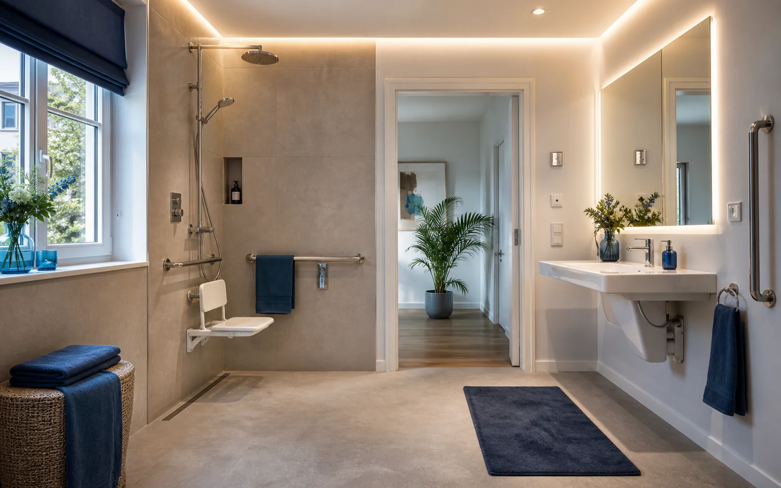 Wohnlich gestaltetes barrierefreies Badezimmer mit bodengleicher Dusche und gut erreichbarer Beleuchtung