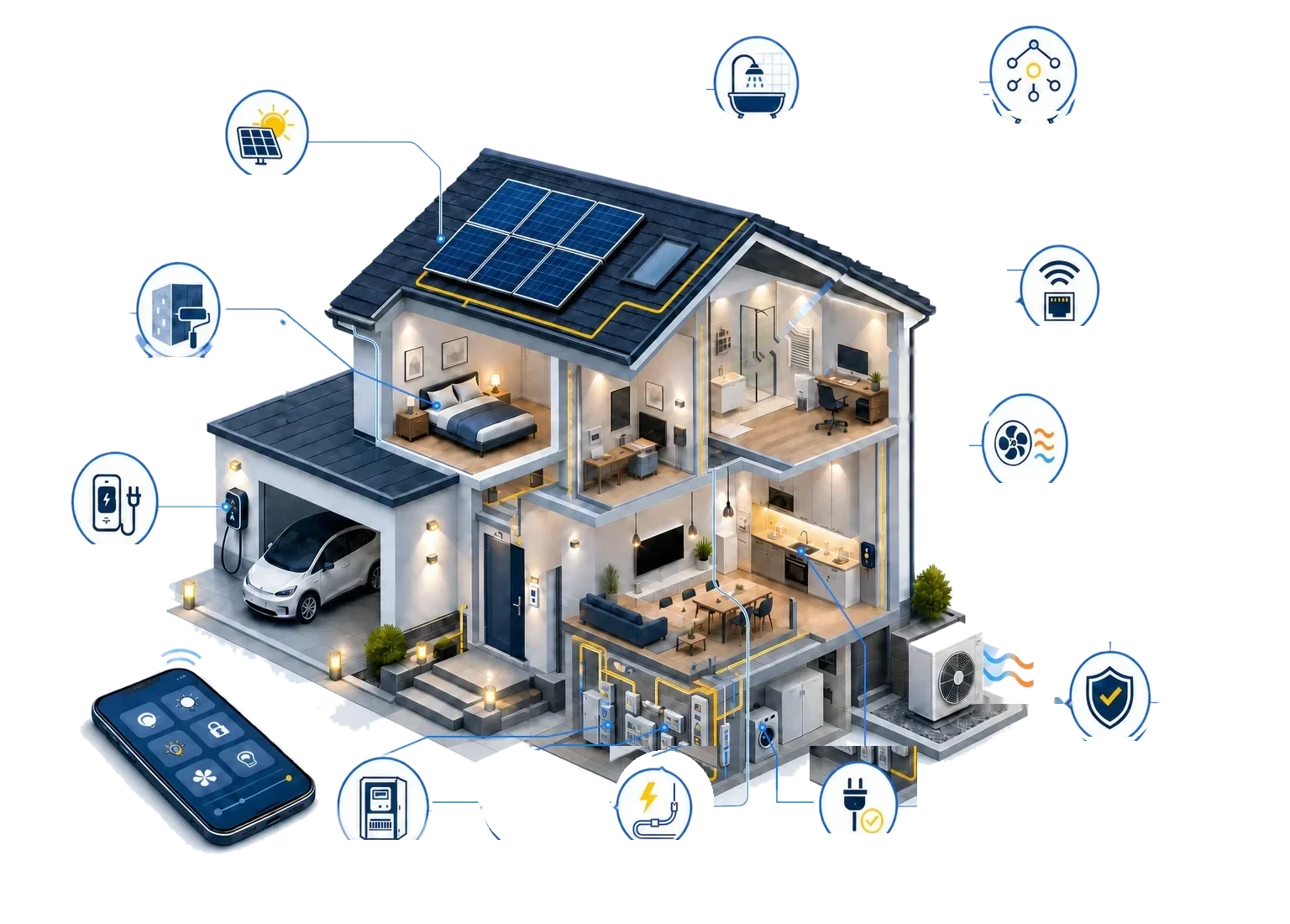 Modernes Wohngebäude mit den BG Power Leistungen Photovoltaik, Innenausbau, Wallbox, Badumbau, Smart Home, Netzwerktechnik, Wärmepumpe, Zählerschrank, Elektroinstallation, DGUV V3 und E-CHECK