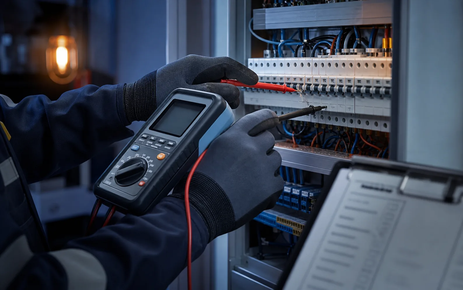 Elektrofachkraft bei einer E-CHECK Messung in einem Gebäude in München