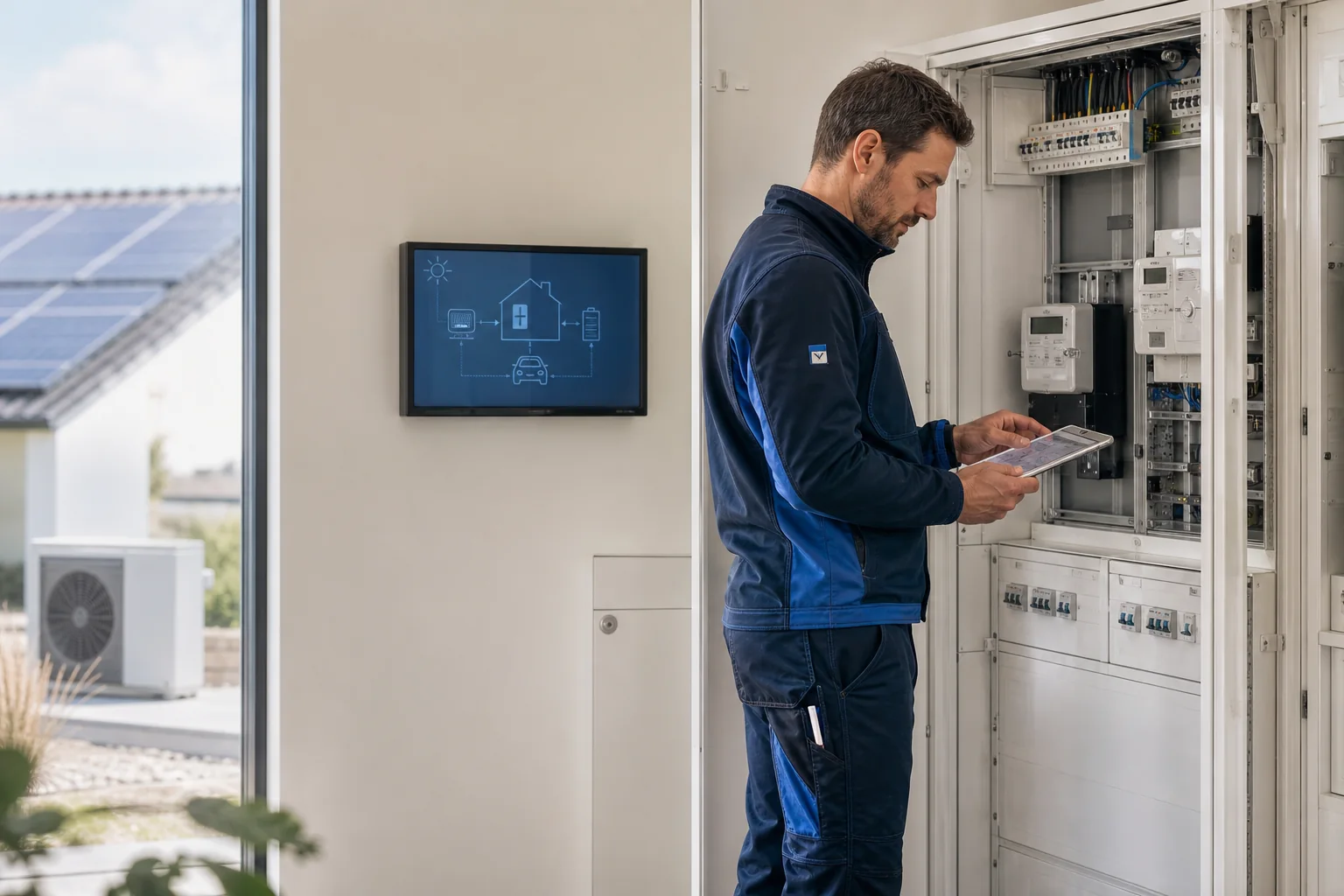 Elektrofachkraft bei der technischen Vorbereitung einer EVU-Anmeldung für PV, Wärmepumpe und Wallbox in München