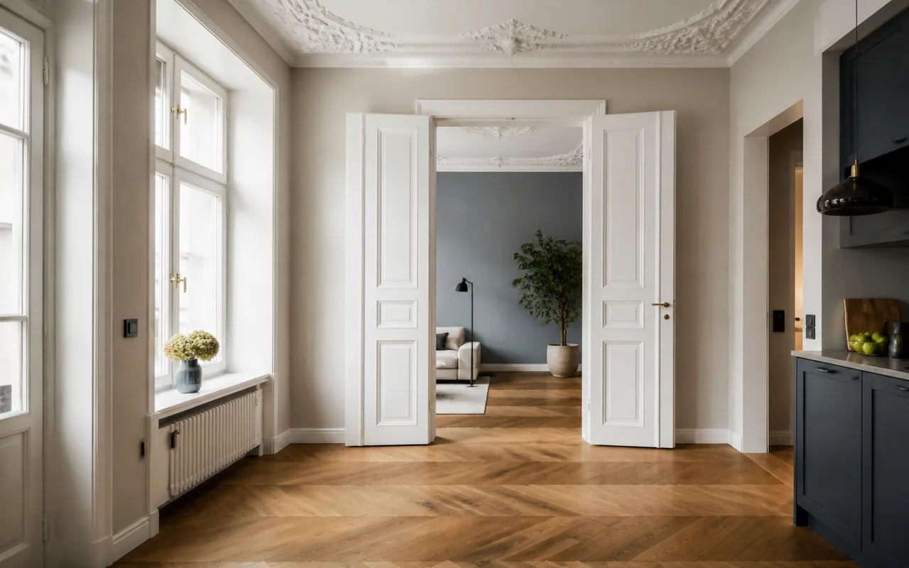 Sanierter Münchner Altbau mit Stuckdecke und moderner Gebäudetechnik