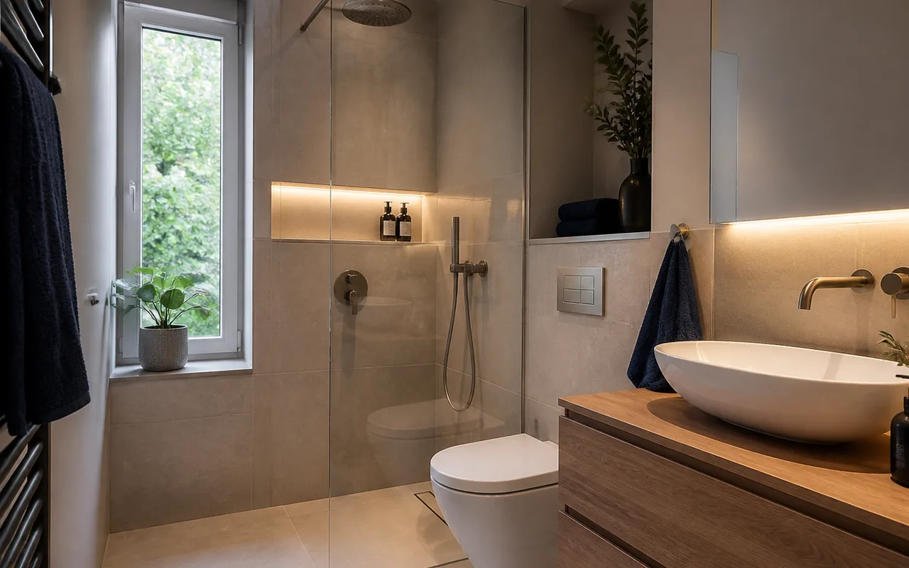 Modernes Bad in München mit bodengleicher Dusche und warmem Licht