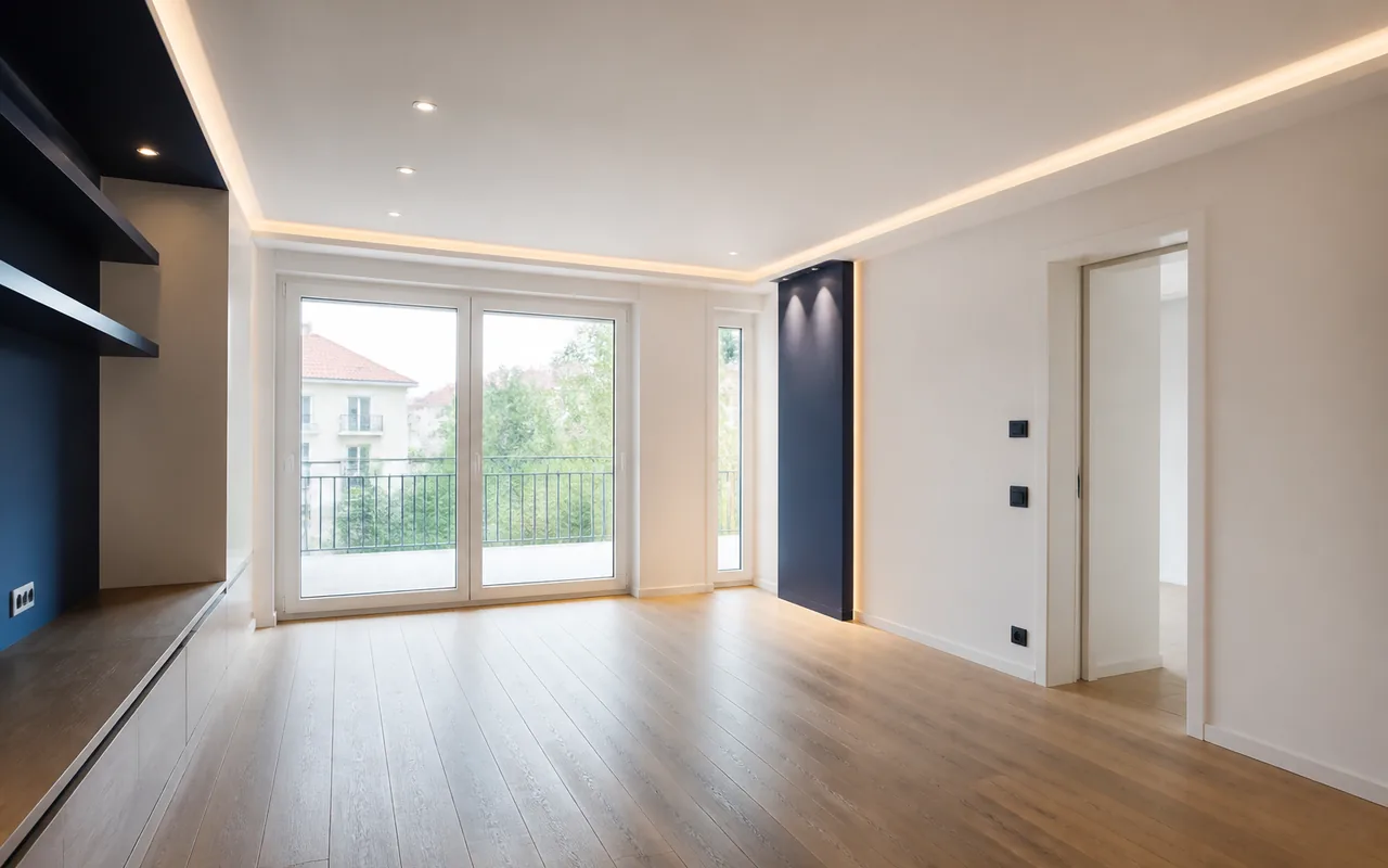 Fertiggestellter Innenausbau mit indirekter Beleuchtung in einer Münchner Wohnung