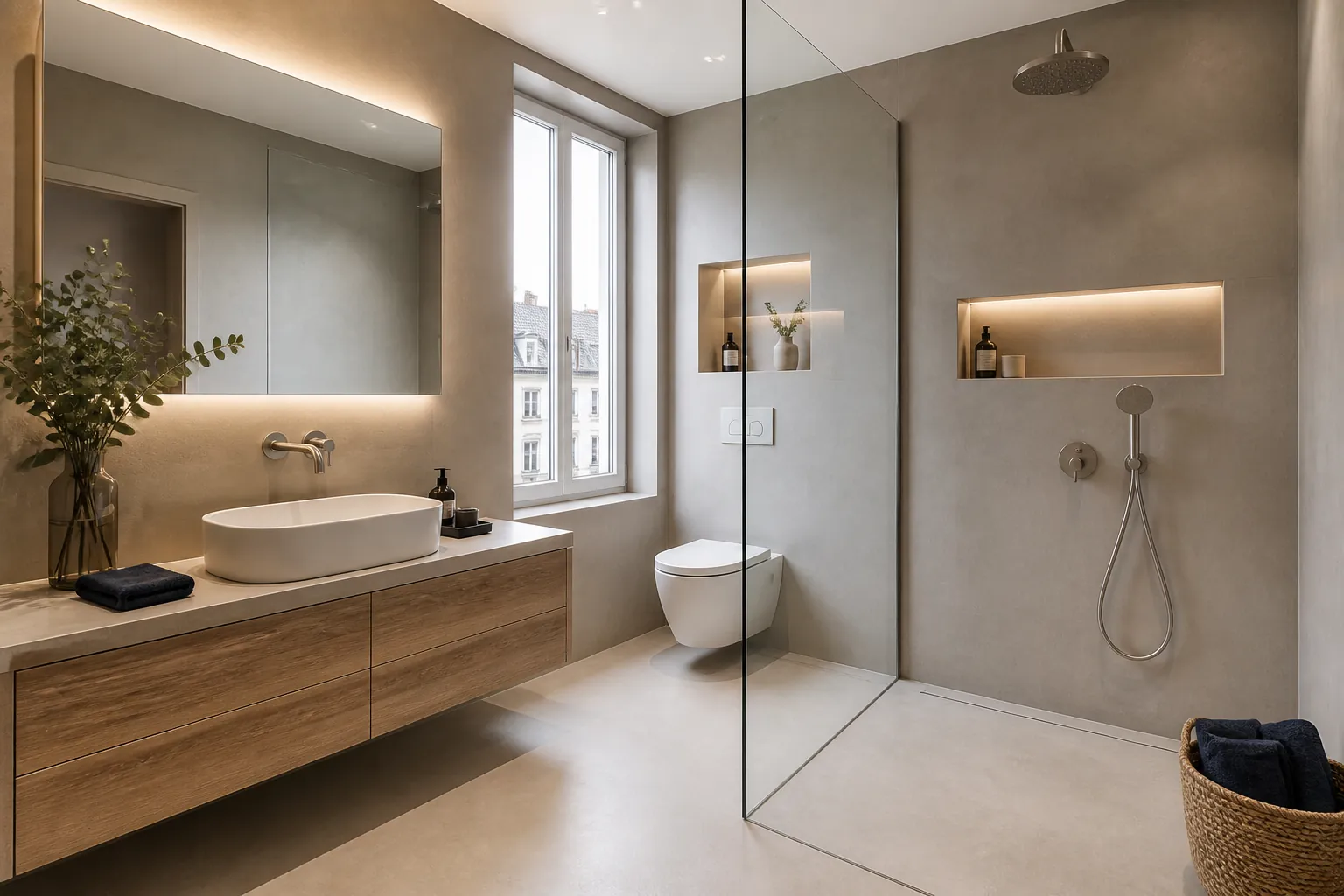 Modernes Badezimmer in München mit warmgrauen Mikrozementflächen und indirekter Beleuchtung