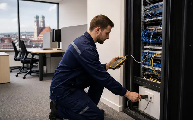 Techniker prüft bestehende Netzwerkstrecken vor der Rack-Erneuerung