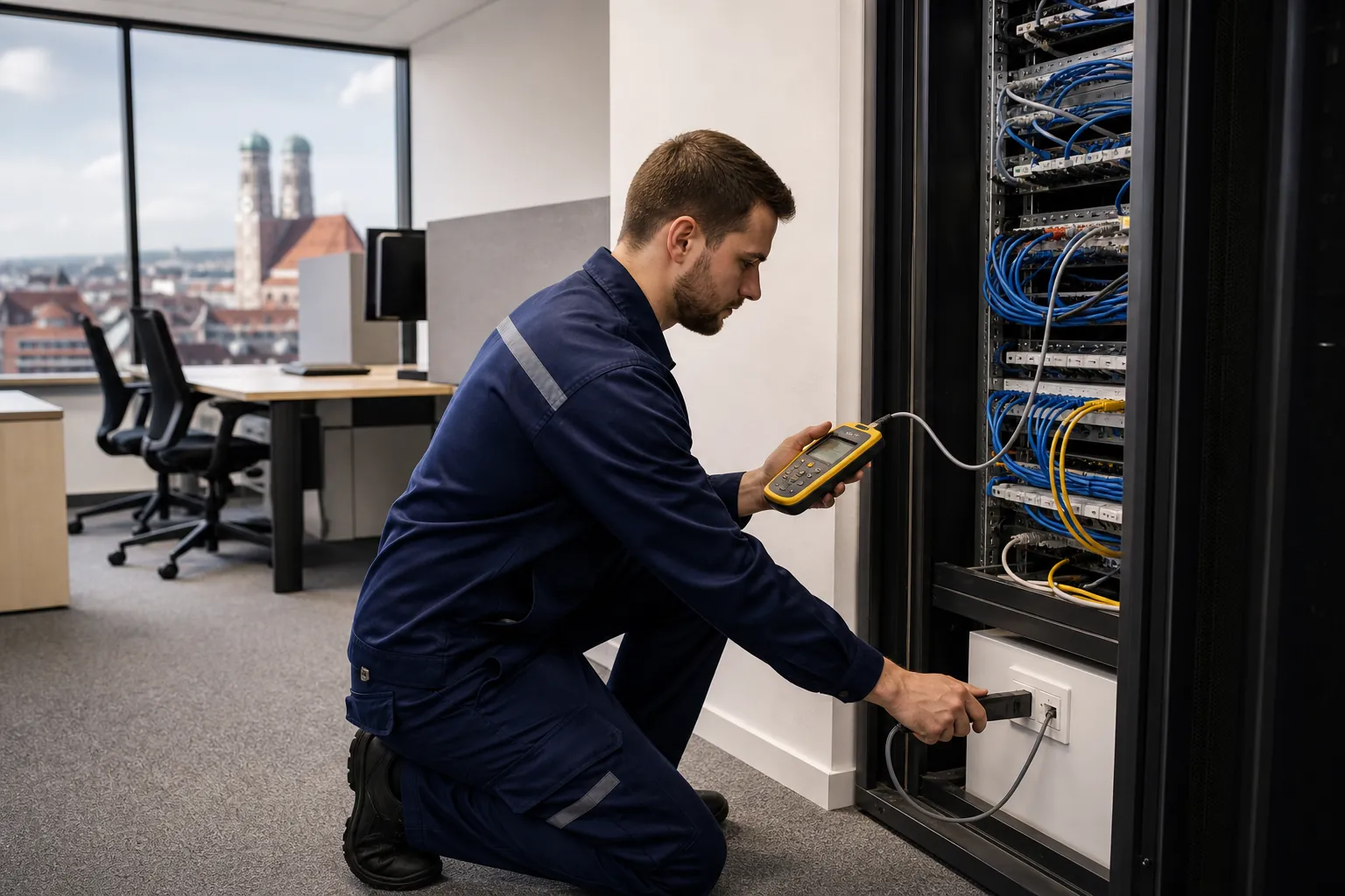 Techniker führt einen Netzwerk-Check zwischen Datendose und Serverschrank durch