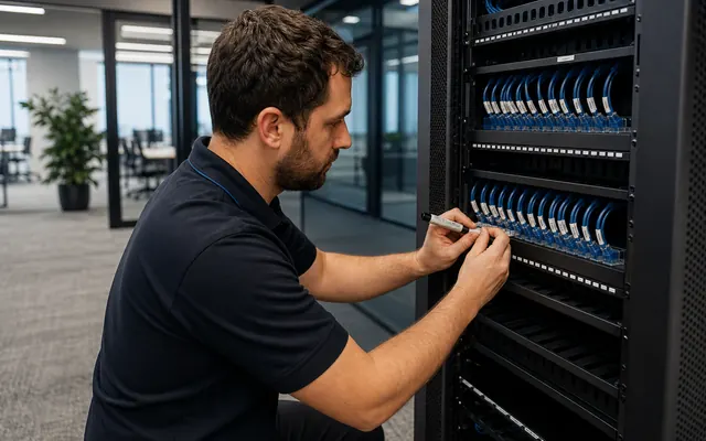 Neue Datenleitungen werden geordnet in einen bestehenden Serverschrank eingebunden