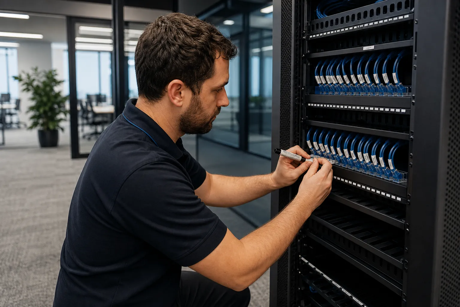 Techniker bindet zusätzliche Datenleitungen in ein bestehendes Patchfeld ein
