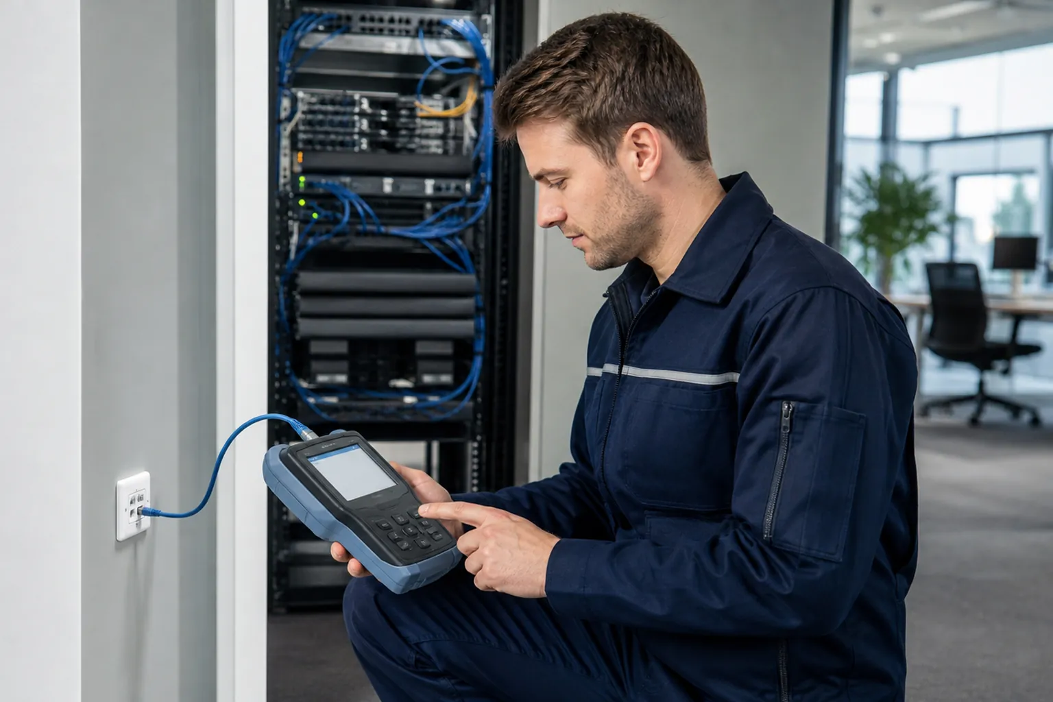 Netzwerktechniker zertifiziert eine strukturierte Datenstrecke mit professionellem Messgerät