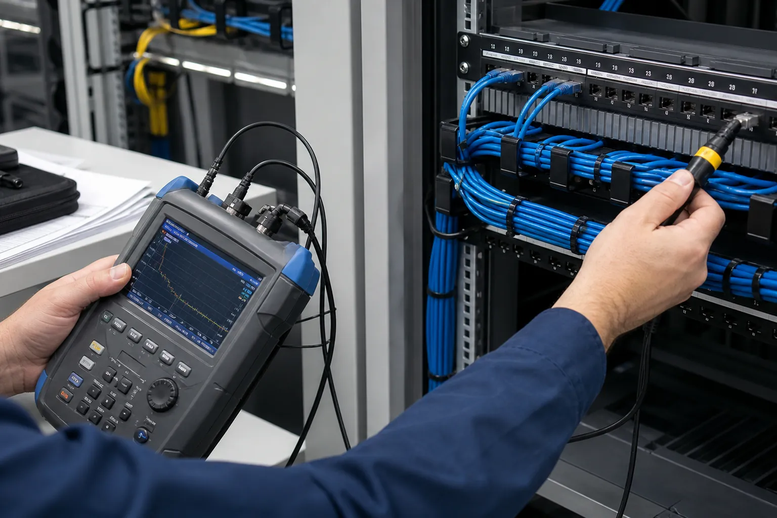 Professionelle Netzwerkmessung an einem Patchfeld mit Messgerät und Protokoll