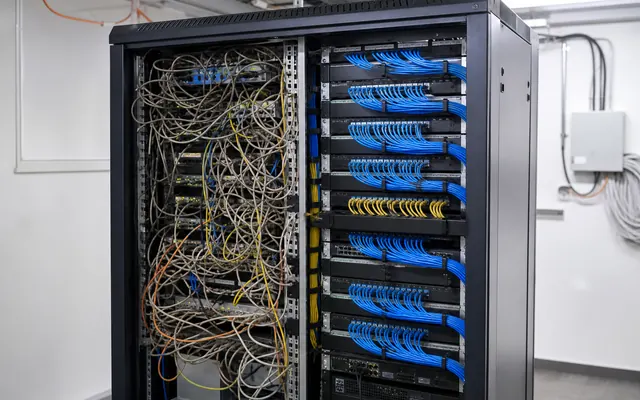 Ungeordneter und erneuerter Netzwerk-Rack-Aufbau als Entscheidungshilfe