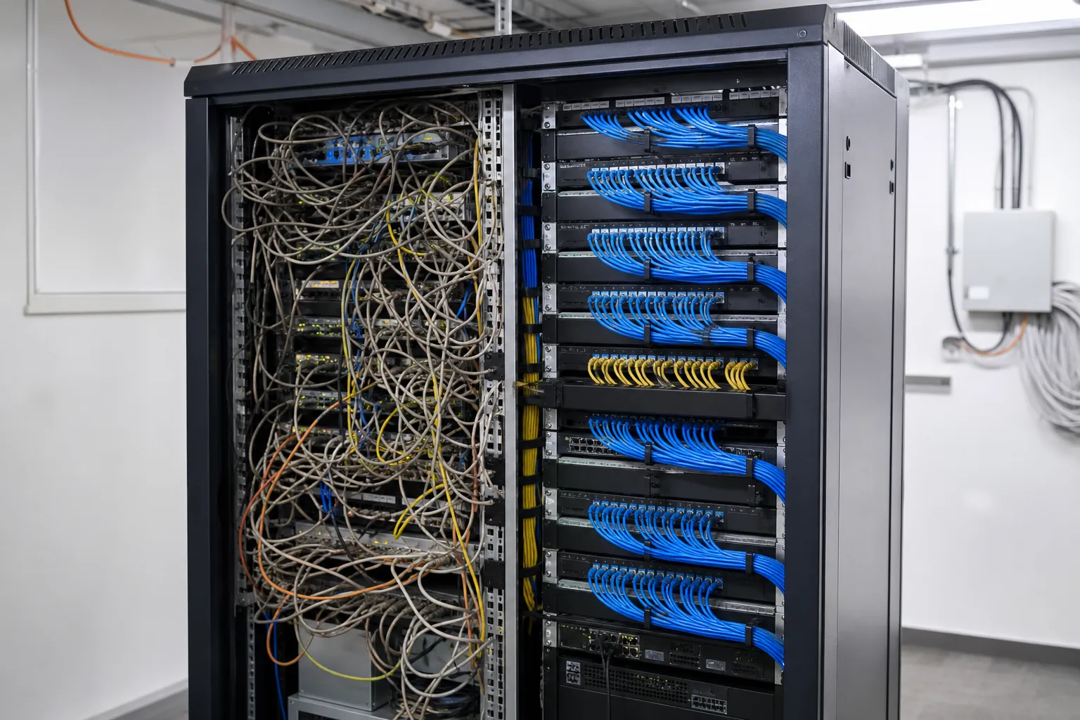 Vergleich eines ungeordneten und professionell erneuerten Serverschranks in München