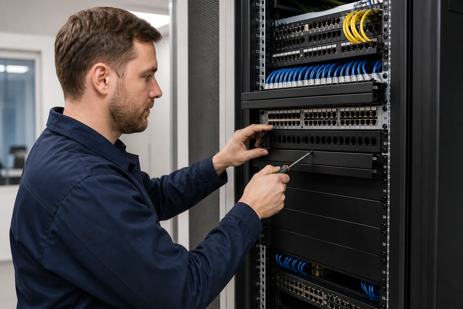 Techniker erweitert einen Serverschrank um Patchfeld und Kabelmanagement