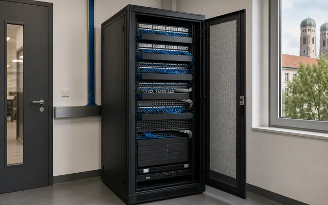 Neuer Serverschrank mit geordneter Daten- und Energieinfrastruktur