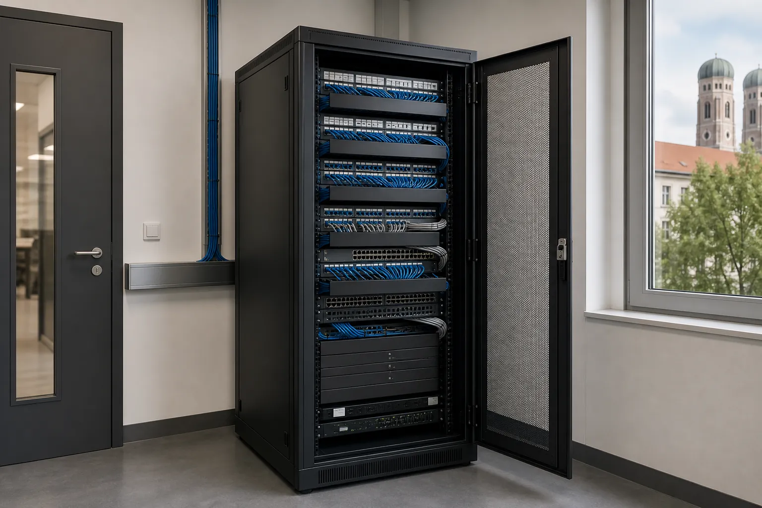 Neu aufgebauter 19-Zoll-Serverschrank mit Patchfeldern und sauber geführten Netzwerkkabeln in München
