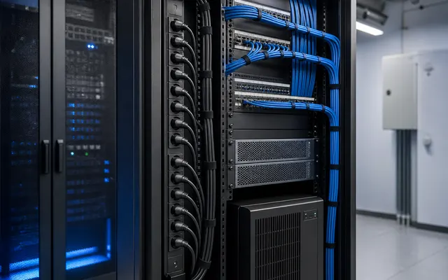 Geordnete Strom- und Datenversorgung in einem professionellen Serverschrank