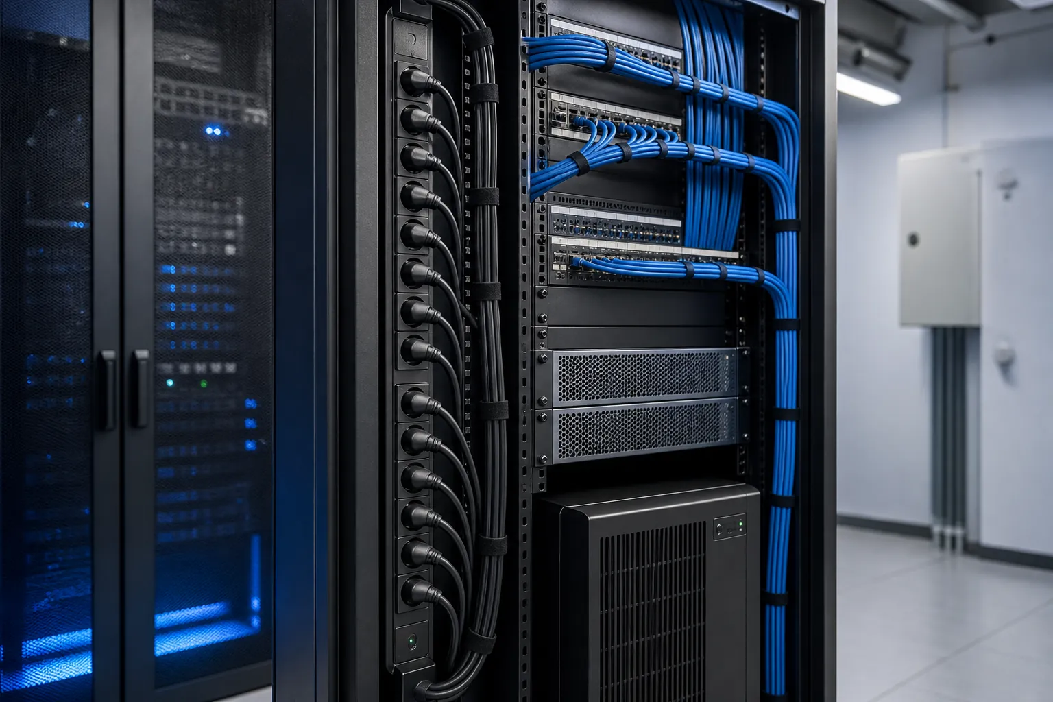 Professionelle PDU- und USV-Stromversorgung in einem Serverschrank in München
