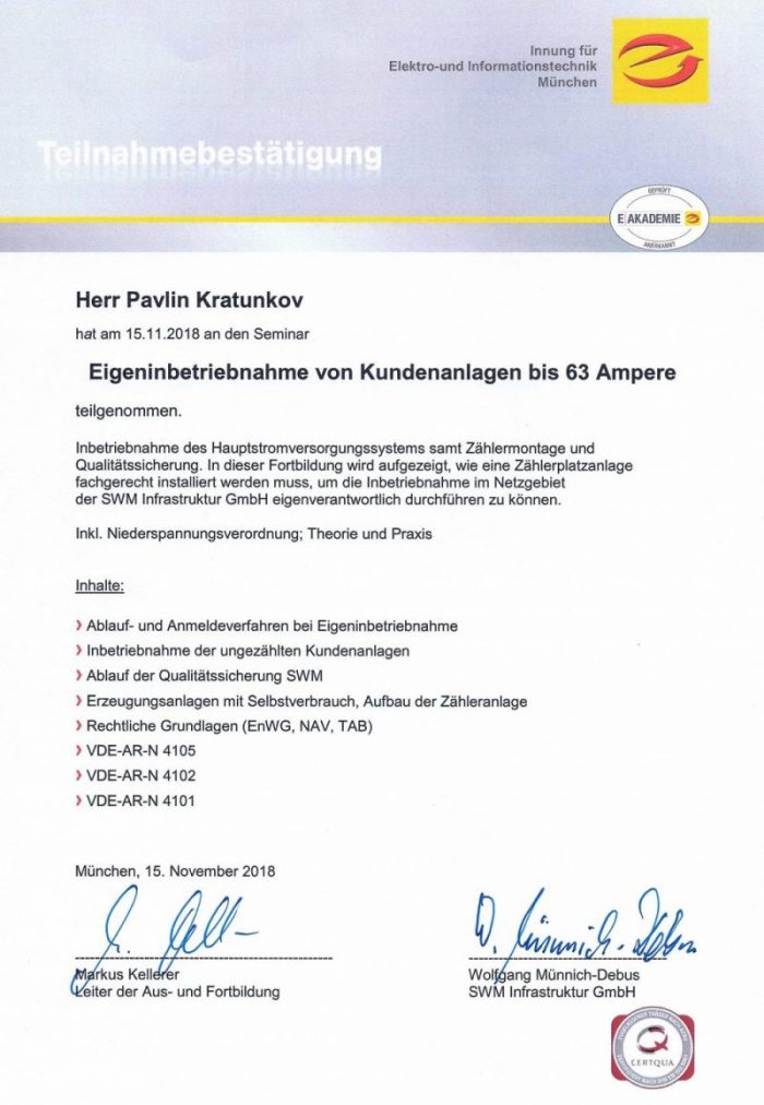 Teilnahme: Eigeninbetriebnahme von Kundenanlagen bis 63 Ampere